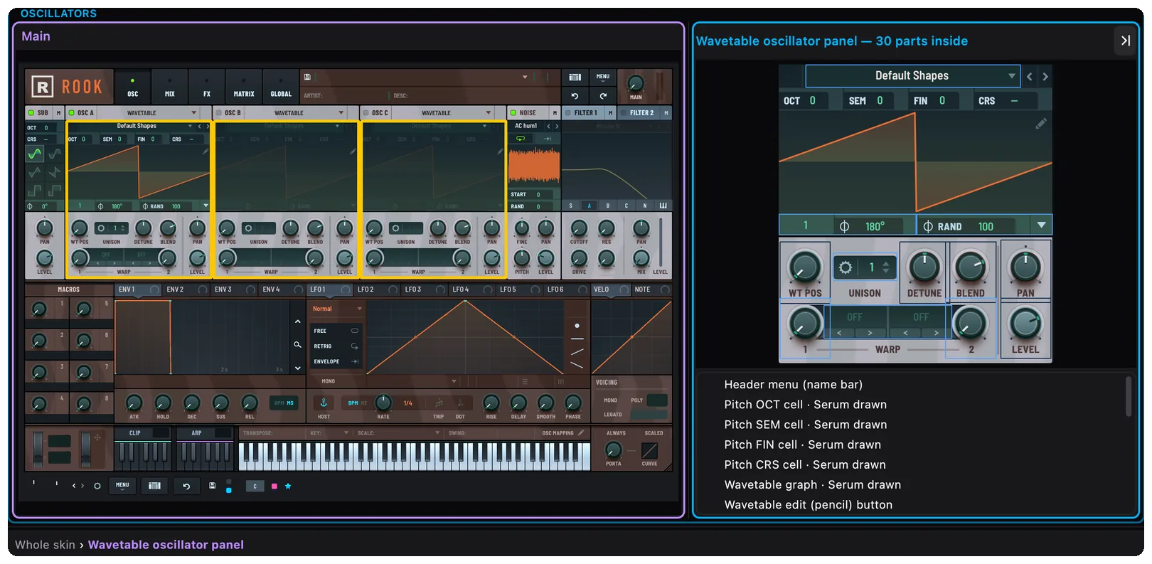 The Skynthesis editor showing the Rook skin with the Wavetable oscillator panel picked, and a close-up of that panel above the start of its list of 30 parts.