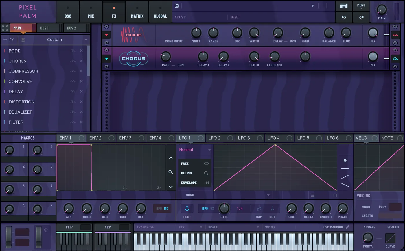 Pixel Palm: a skin made with Skynthesis from the Laser Sunset theme, shown on Serum's FX page, with violet panels, a wavy violet texture behind the effects rack and pink accents.